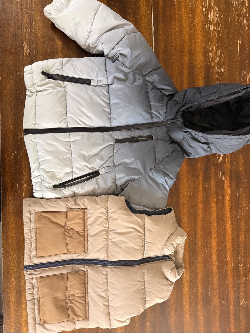 Zara Kids Gray Ombre Hooded Puffer Jacket and Old Navy Tan Puffer Vest